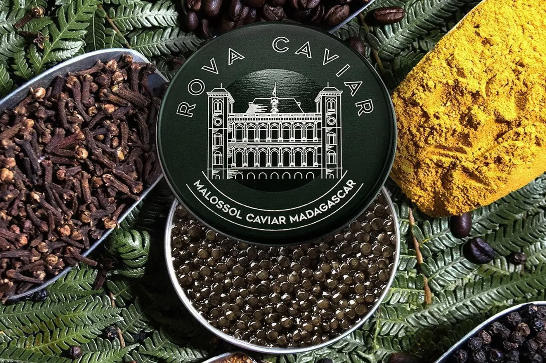 Boîte de caviar Rova entourée d’épices de Madagascar