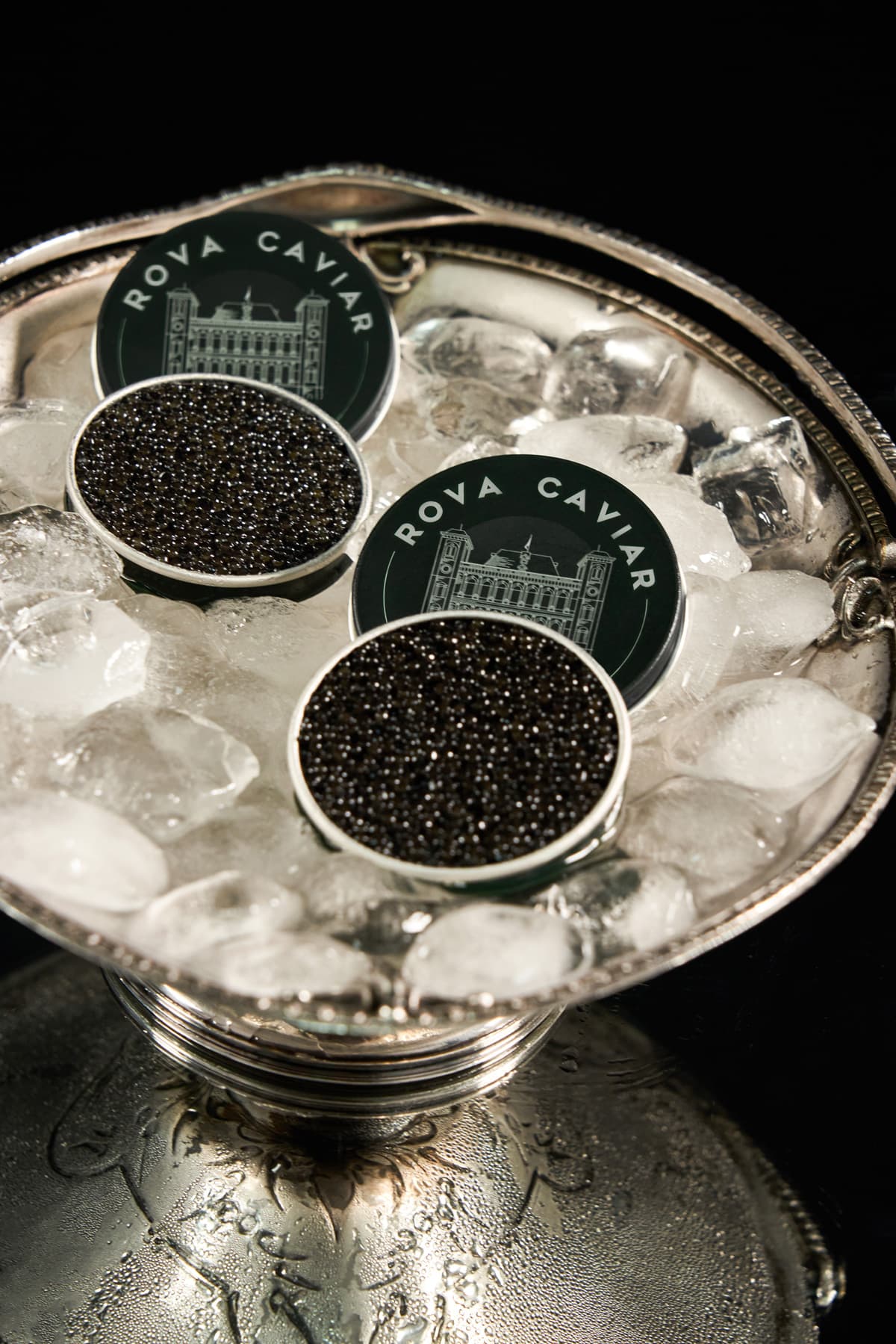 Deux boîtes de caviar Rova Caviar ouvertes sur un lit de glace dans une coupe en argent